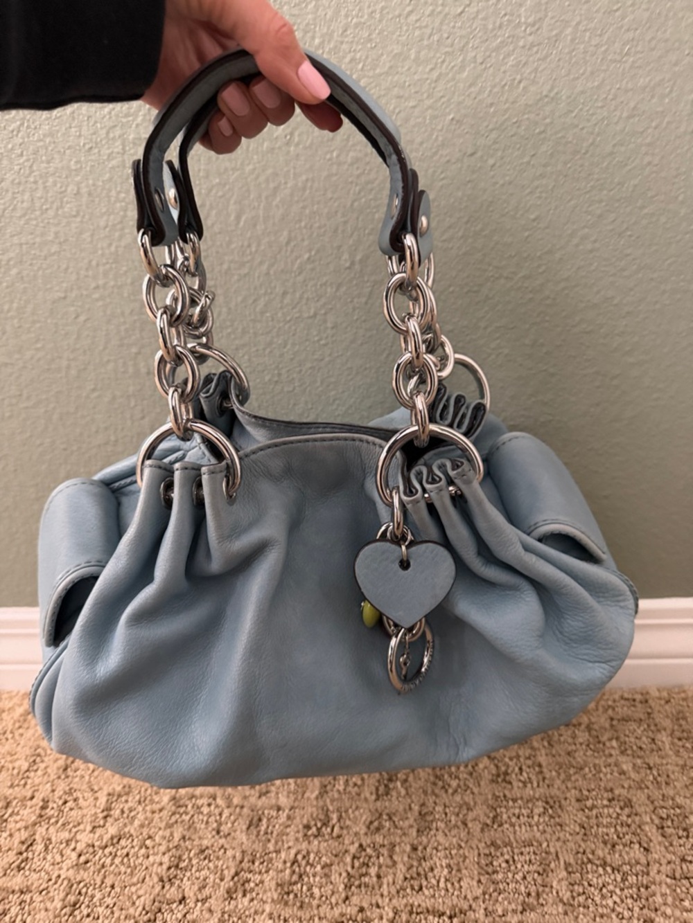 Juicy Couture Light Blue Ruched Leather Shoulder Bag w/ Chain Handles